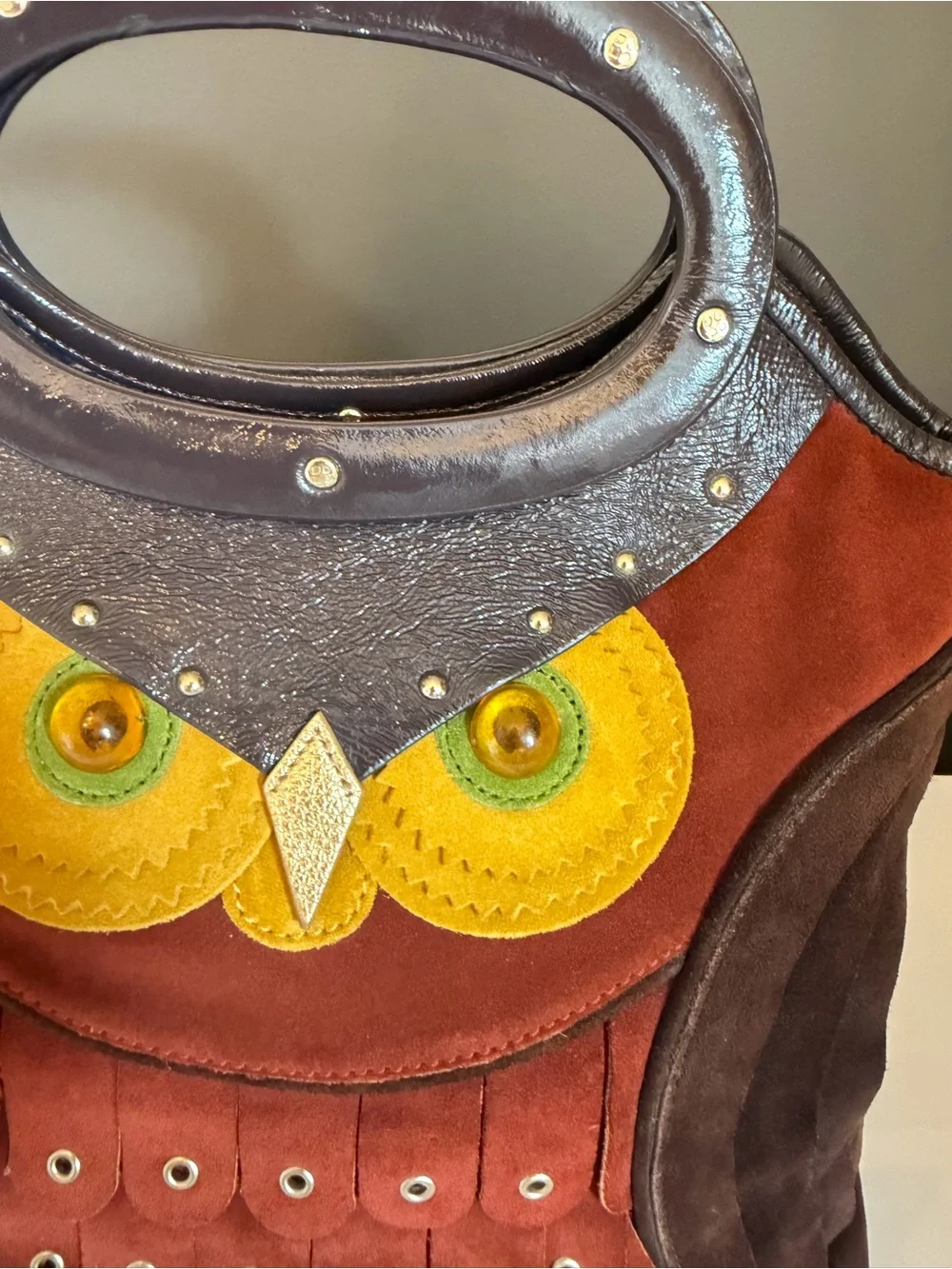 Kate Spade Owl Bag Maximillian Maxwell Brown Suede Patent Handle Tote Vtg MINT